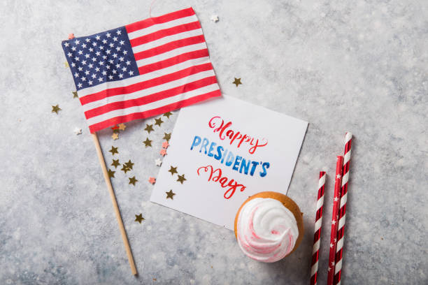 Word Happy Presidents day, February 17. Patriotic Baking Supply Cup Cake Holders for holiday and july 4th concepts. stock photo