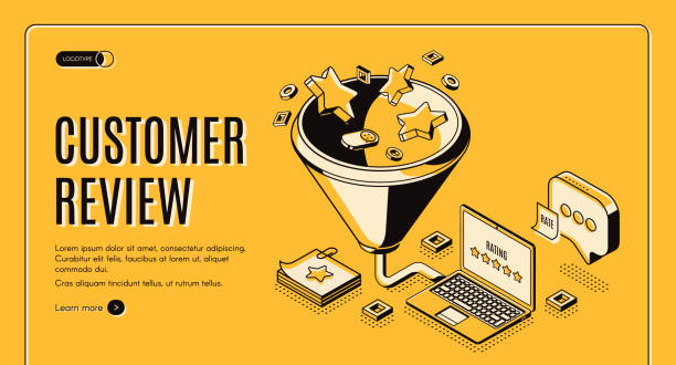 Customer review best result isometric landing page Customer review isometric landing page. Feedback and rating stars falling into huge funnel and displaying on laptop screen. Clients satisfaction best result 3d vector line art illustration, web banner suitable upper stock illustrations