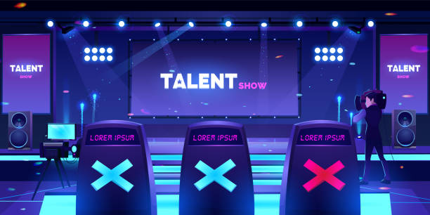 illustrazioni stock, clip art, cartoni animati e icone di tendenza di talent show sul palco con sedie della giuria, scena vuota - jury entertainment