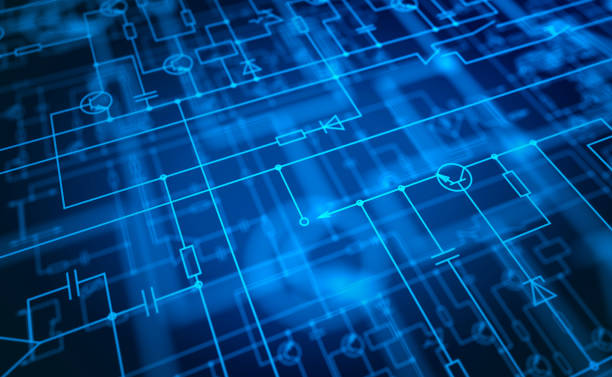 fondo de diagrama de circuito 3d con señales de componentes electrónicos - condensador componente eléctrico fotografías e imágenes de stock