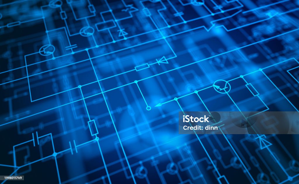 3D circuit diagram background with electronic components signs 3D rendered electronic circuit diagram with various elements in several layers with selective focus. Electricity Stock Photo