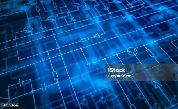 3d Circuit Diagram Background With Electronic Components Signs Stock Photo - Download Image Now
