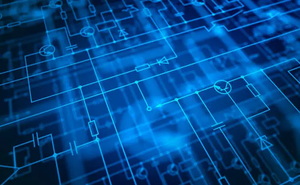 3D rendered electronic circuit diagram with various elements in several layers with selective focus.