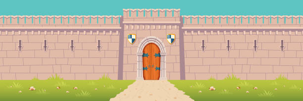 Medieval castle, town fortress wall cartoon vector Road to medieval city or town fortress, kings castle, fairytale citadel, fantasy stronghold stone walls with arched wooden gates and heraldic shields under closed doorway cartoon vector illustration fortified wall stock illustrations