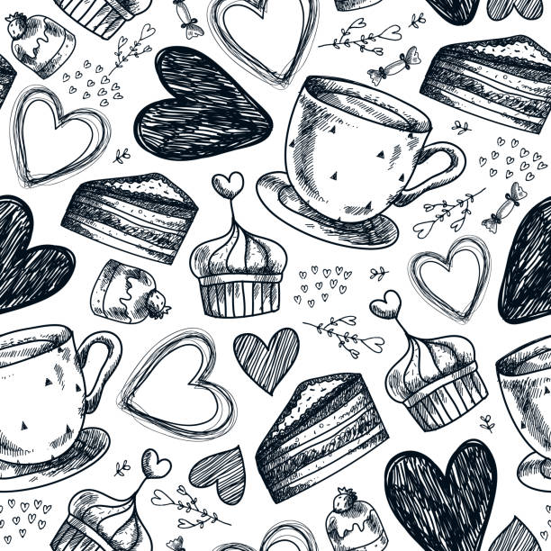 illustrazioni stock, clip art, cartoni animati e icone di tendenza di tea party vettoriale senza cuciture, caffè, cupcake, dolci, cuori disegnati a mano. - muffin coffee cartoon cake