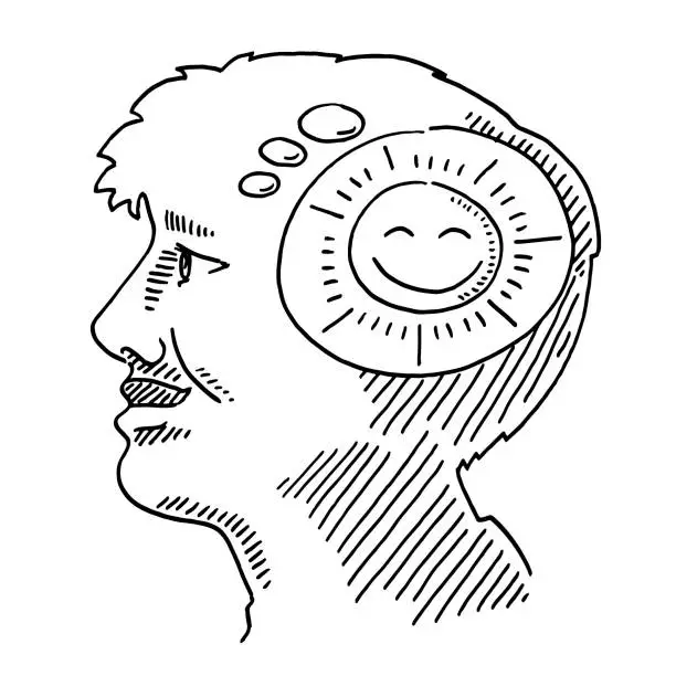 Vector illustration of Young Man Positive Thinking Sun Symbol Drawing
