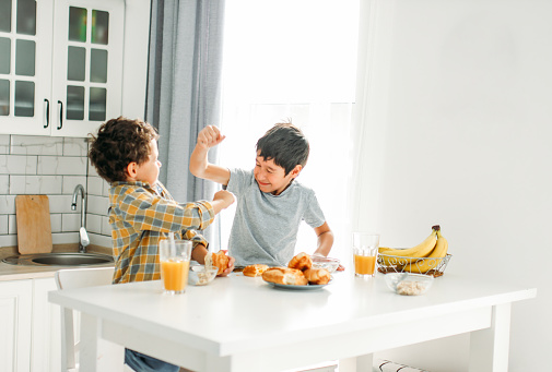 Two siblings tween boys real brothers fight at breakfast table on bright kitchen at the home