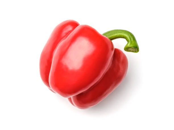 pepe rosso isolato su sfondo bianco. vista dall'alto - peperone rosso foto e immagini stock