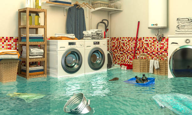 istock 3d render image of an interior of a flooded laundry. 1198016579