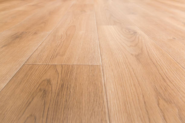 istock Linoleum flooring with wooden planks pattern imitation, low point view 1198016935