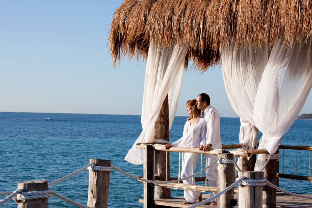 istock couple in a bungalow on the sea 1198018022