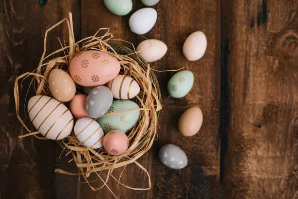 Easter Eggs on Wooden Background