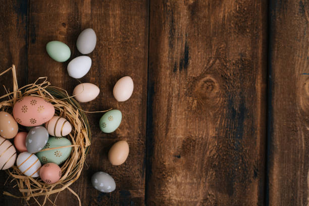 пасхальные яйца на деревянном фоне - birds nest animal nest branch spring стоковые фото и изображения