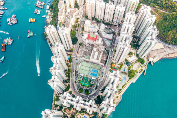 Aerial view Residential district in Aberdeen and Ap Lei Chau of Hong Kong Aerial view Residential district in Aberdeen and Ap Lei Chau of Hong Kong aberdeen hong kong photos stock pictures, royalty-free photos & images