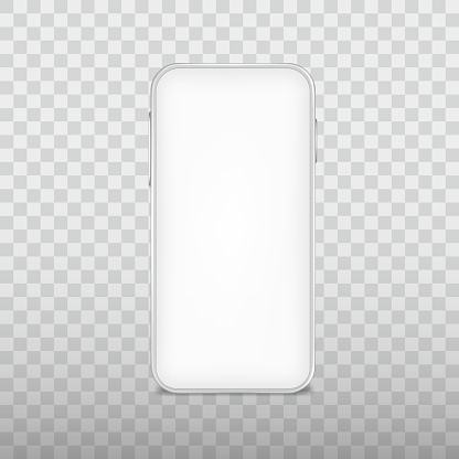 White smartphone template, blank display, mobile gadget, cellphone frame, modern mobile device, vector icon, mockup.