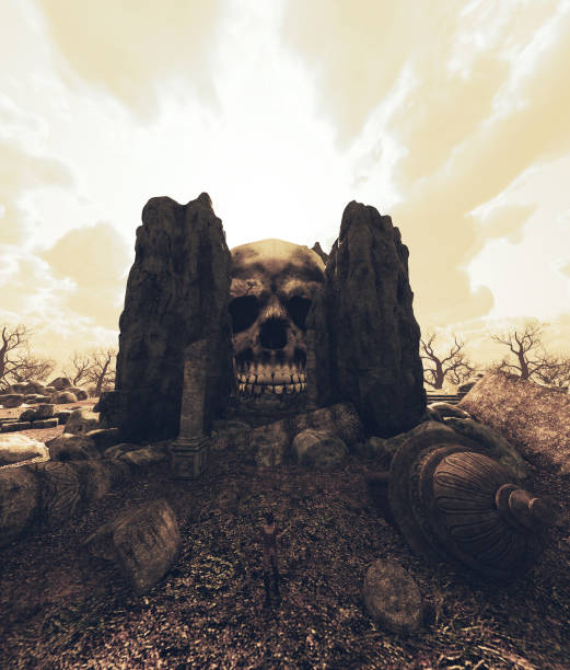 Skull's mountain warrior scene,3d rendering stock photo
