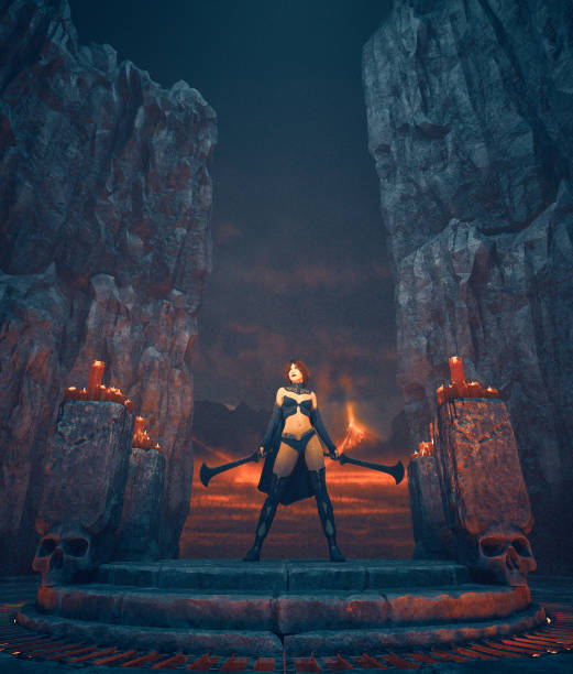 istock Female fantasy warrior with swords,3d rendering 1198024026