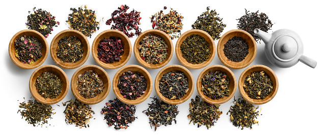 Large set of tea on a white background. The view from the top.