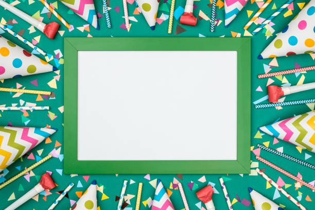 istock Flat lay decoration party concept on colored background 1198024212