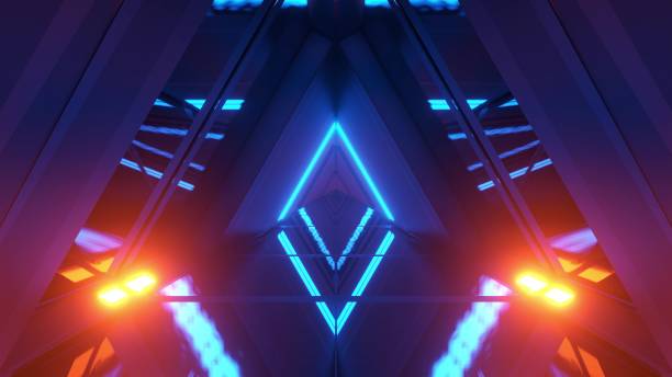 istock glowing triangle space ship temple tunnel corridor in futuristic sci-fi style with reflective glass bottom 3d illustration background wallpaper 1198024493