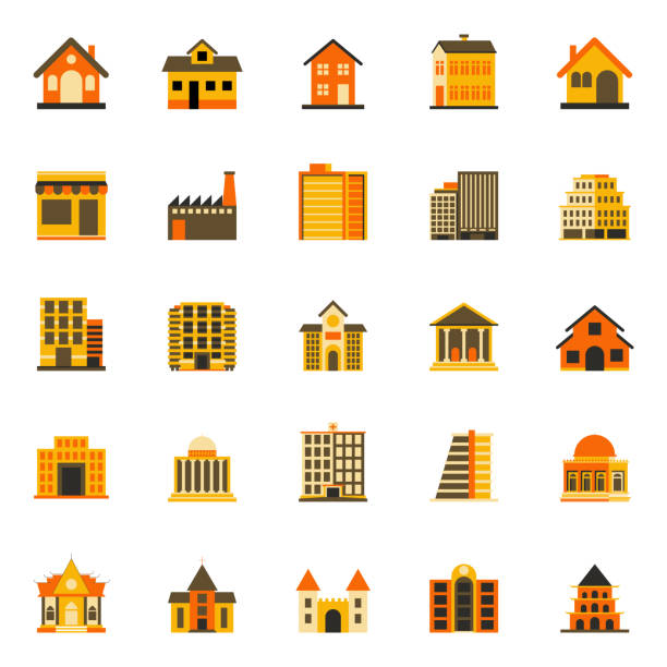 płaska ikona budynków - iconic vector illustration - apartment townhouse house housing development stock illustrations