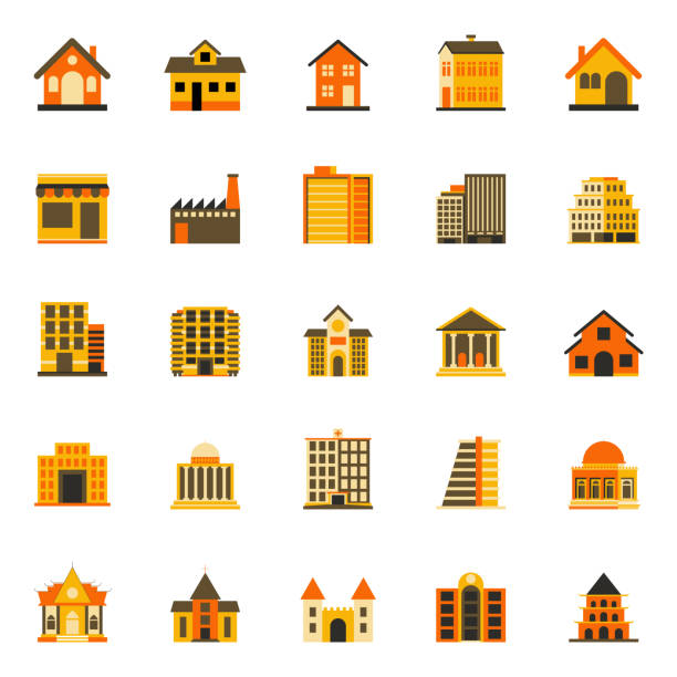 ilustrações, clipart, desenhos animados e ícones de ícone liso dos edifícios - ilustração icónica do vetor - apartment townhouse house housing development