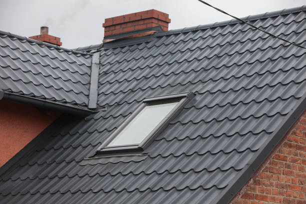 roof with mansard windows and on a black metal roof tile - roof tile architectural detail architecture and buildings built structure imagens e fotografias de stock