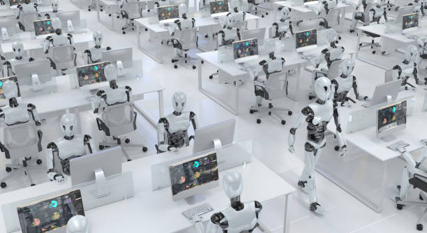 Many identical clone robots work in the office sitting at desks with computers. Future concept without people with smart robotics and artificial intelligence. 3D rendering