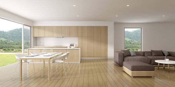 istock Perspective of modern luxury interior with dining table and modern kitchen cabinet,kitchen Island on nature background. 3D rendering. 1198030919