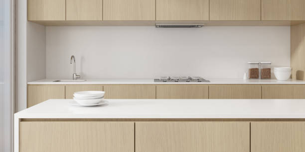 istock Perspective of modern luxury interior with dining table and modern kitchen cabinet,kitchenIsland. 3D rendering. 1198030937