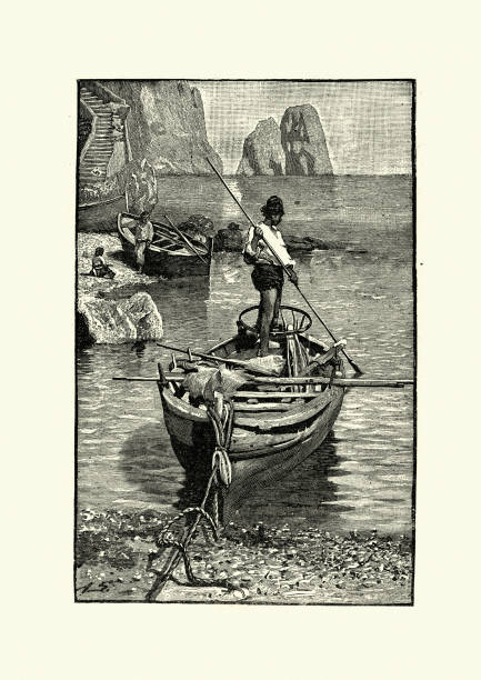 Vintage engraving of Traditional fisherman, and boat, Victorian 19th Century