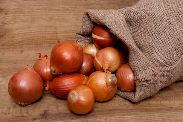 istock Yellow onion on wooden background. 1198033023