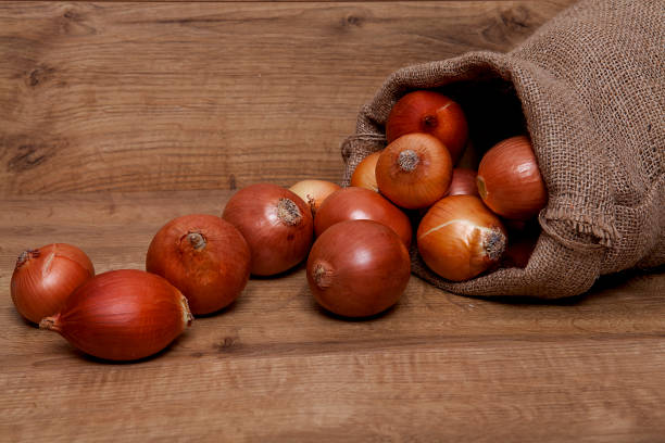 istock Yellow onion on wooden background. 1198033218