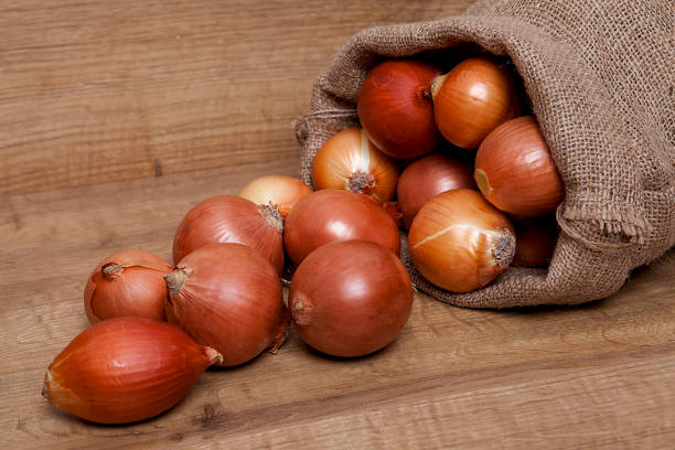 istock Yellow onion on wooden background. 1198033866
