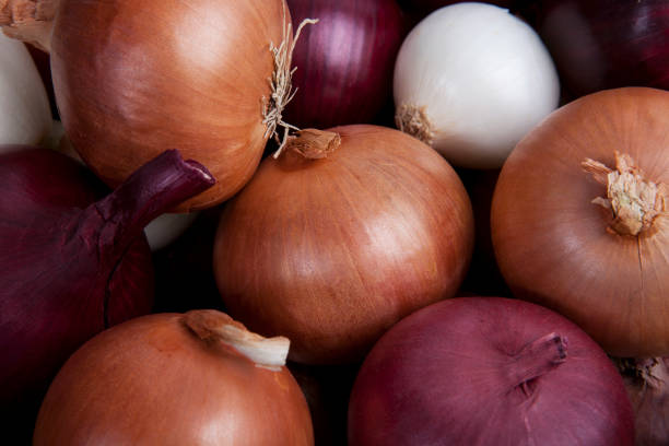 istock Red and yellow onion on wooden background. 1198035365