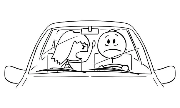 Vector illustration of Vector Cartoon Illustration of Unhappy or Stressed Man or Driver Driving a Car While His Wife is Shouting at Him