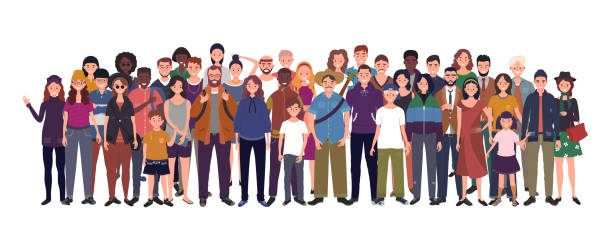 Multinational group of people isolated on white background. Children, adults and teenagers stand together. Vector illustration Multinational group of people isolated on white background. Children, adults and teenagers stand together. Vector illustration group of people illustrations stock illustrations