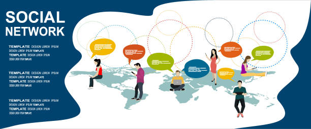 istock Social network web site surfing concept illustration of young people using mobile gadgets such as smartphone, tablet pc and laptop part of online community.Flat design illustration concept. 1198037358