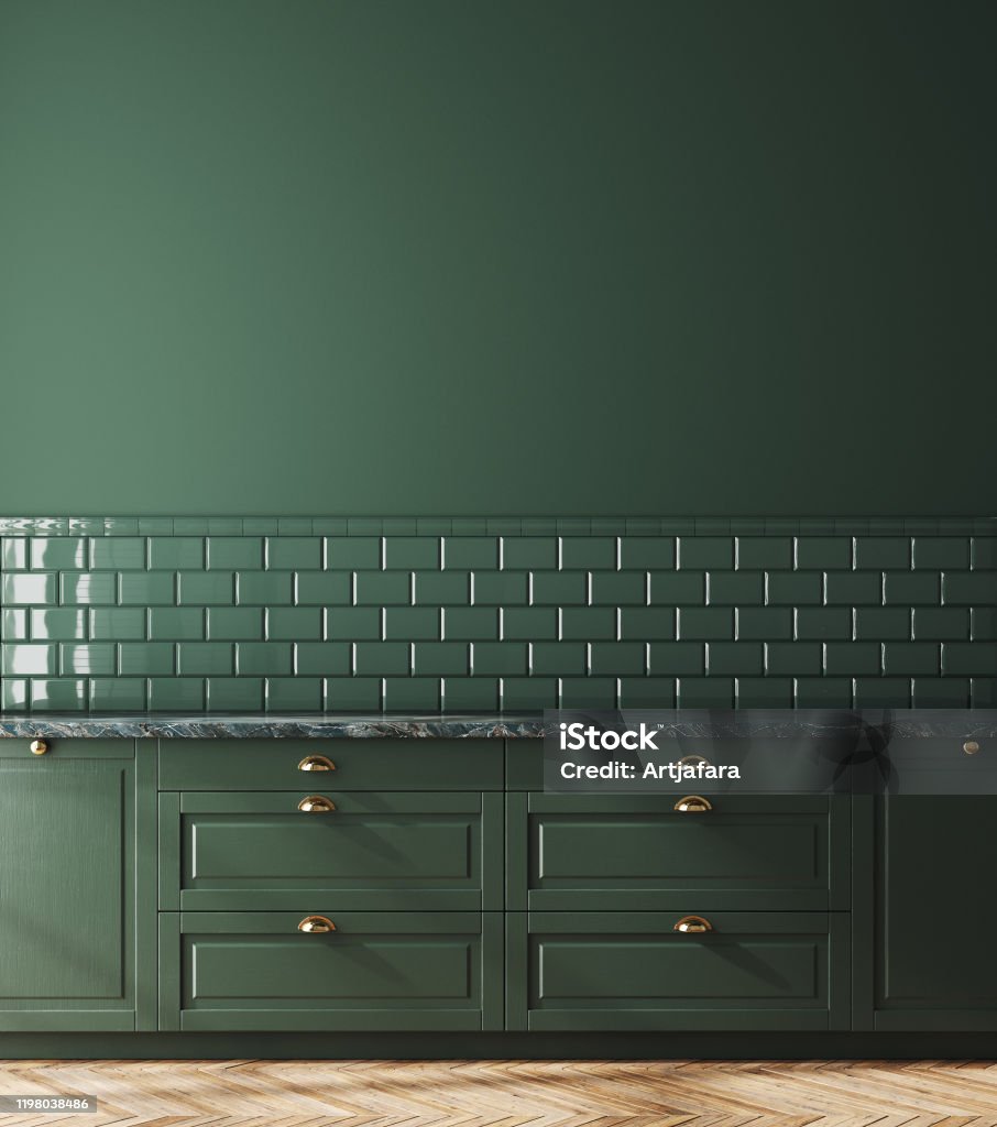 Empty dark green kitchen interior, wall mockup Empty dark green kitchen interior, wall mockup, 3d render Kitchen Stock Photo Empty dark green kitchen interior, wall mockup Empty dark green kitchen interior, wall mockup, 3d render Kitchen Stock Photo