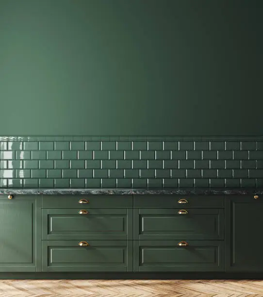 Photo of Empty dark green kitchen interior, wall mockup