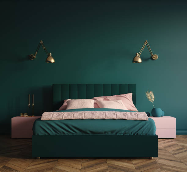 intérieur moderne de chambre à coucher vert foncé - queen size bed photos et images de collection