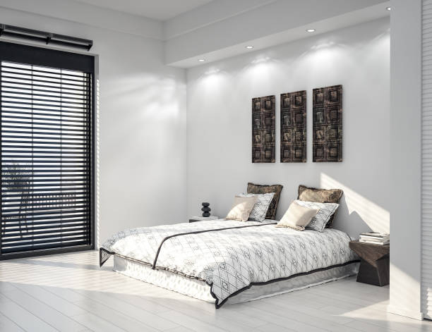 istock Modern white bedroom interior close up with minimal decor 1198038498