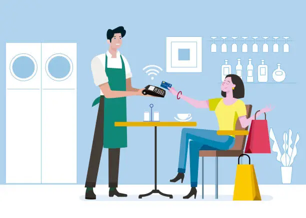 Vector illustration of Woman paying contactless with mobile phone in cafe bar