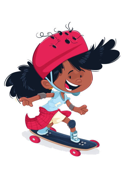 The skate girl Cartoon style illustration depicting a girl skateboarding with helmet and protections on her knees and ankles. skater girl stock illustrations