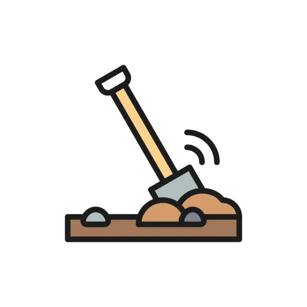 Vector illustration of Shovel in the ground, soil flat color line icon.