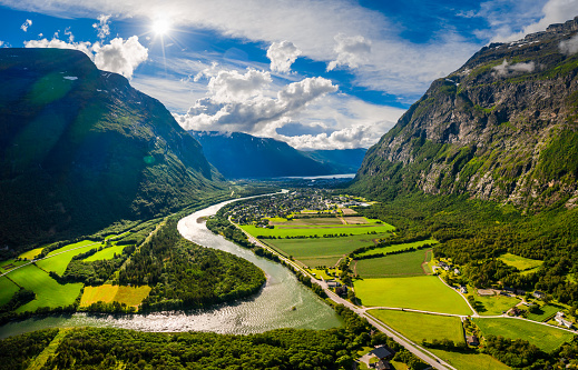 Village of Sunndalsora lies at the mouth of the river Driva at the beginning of the Sunndalsfjorden. Beautiful Nature Norway natural landscape.