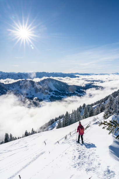 escursioni con le ciasci nel bregenz wald, austria - snowshoeing hiking mountain winter foto e immagini stock