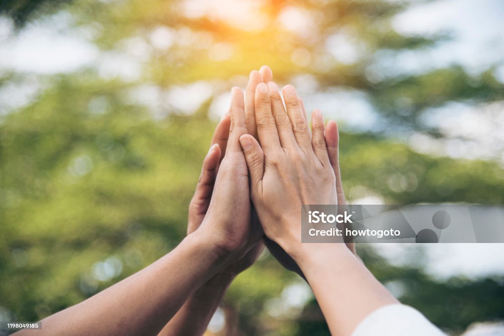 Teamwork high five as team together hands air greeting  power tag team. Group of diversity people multiethnic Hand Stock Photo