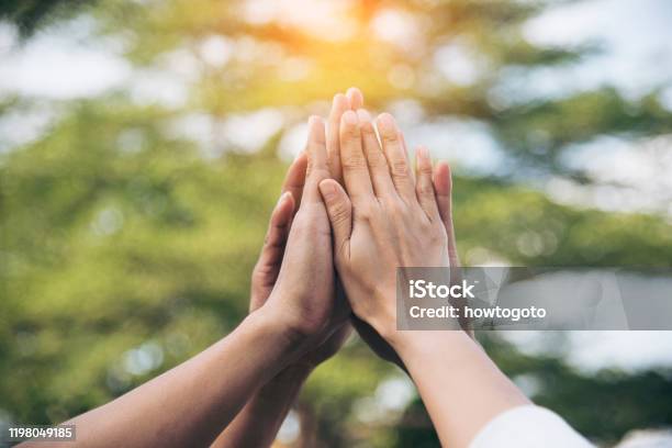 Teamwork High Five As Team Together Hands Air Greeting Power Tag Team Group Of Diversity People Multiethnic Stock Photo - Download Image Now