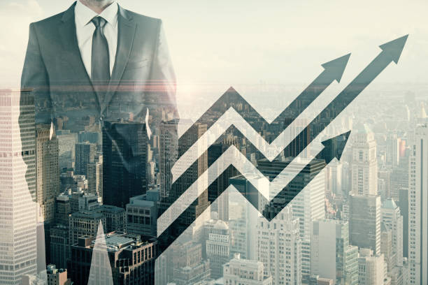 istock Businessman with digital arrows 1198049878